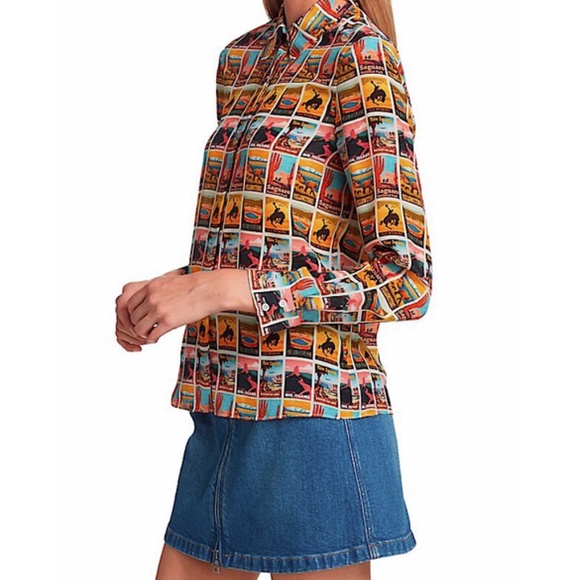 Alice + Olivia Western Postcard with Tag Print Silk Shirt Button-down Top - Picture 14 of 15